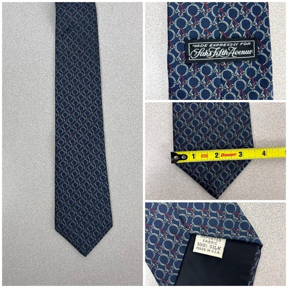 Saks Fifth Avenue‎ Men's Blue Chain Loop Silk Neck Tie Made in USA